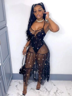 BreezeWear Store 14 Black Off Shoulder Sequined Camisole Maxi Dresses