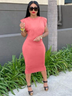 Casual Solid Sheath Midi Dresses With Shoulder Pads