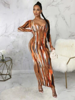Tie Dye Printed Long Sleeve Bodycon Maxi Dress -BreezeWear Store P 20210706164517300 614