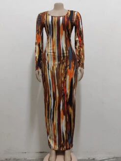 Tie Dye Printed Long Sleeve Bodycon Maxi Dress