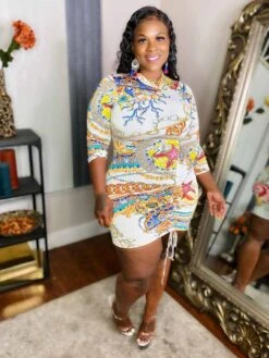 Euro Printed Ruched Bodycon Long Sleeve Dress