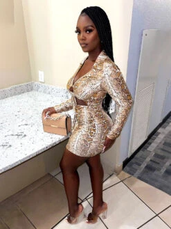 Sexy Snake Skin Print Hollow Out Long Sleeve Dress -BreezeWear Store P 20211015101649647 286