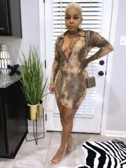 Club V Neck Snake Print Long Sleeve Dress