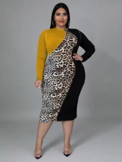 Leopard Patchwork Color Plus Size Sheath Dresses
