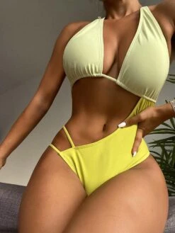 Solid Halter Open Back One Piece Bathing Suit -BreezeWear Store P 20211215164821332 793