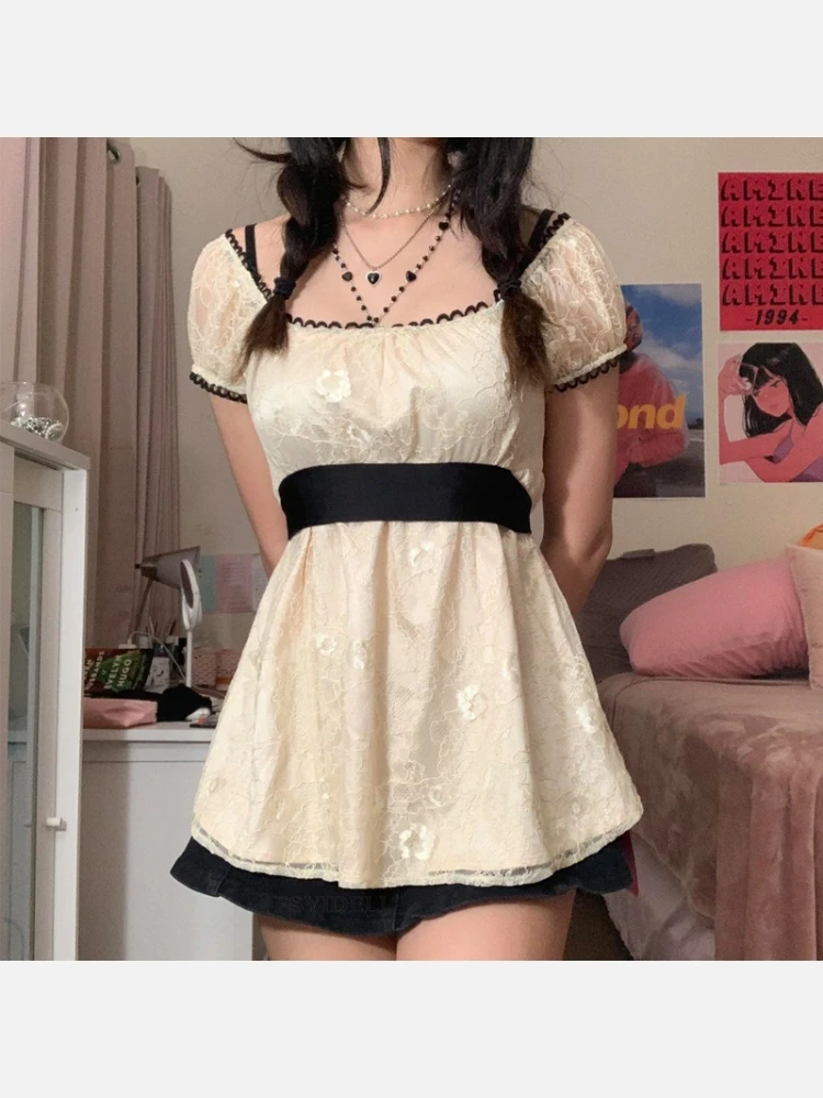 Fashion Lace Patchwork Short Sleeve Mini Dress 3 Fashion Lace Patchwork Short Sleeve Mini Dress