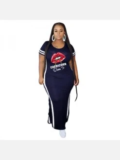 Plus Size Mouth Letter Striped Loose Maxi Dress