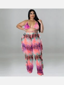 Plus Size Pant Printed Halter 3 Piece Bikini Sets