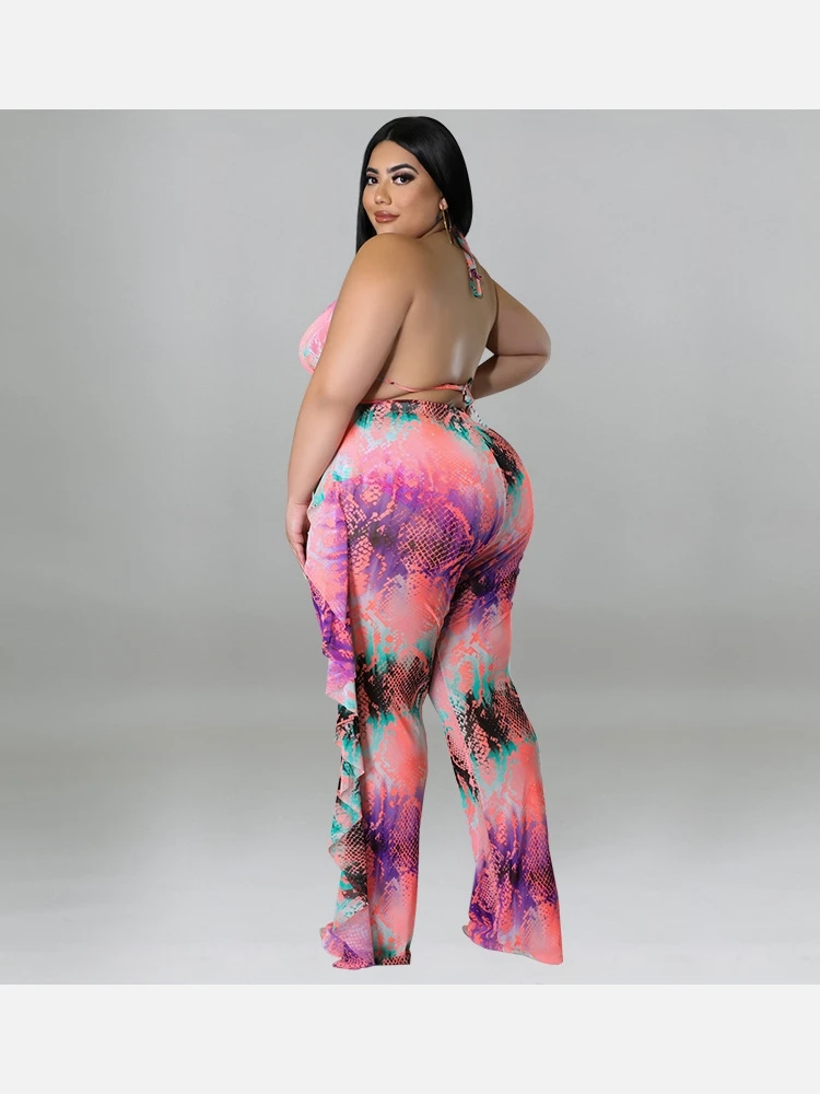 Plus Size Pant Printed Halter 3 Piece Bikini Sets 4 Plus Size Pant Printed Halter 3 Piece Bikini Sets - Image 2