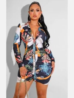 Euro Style Ruched Printed Long Sleeve Shirt Dress