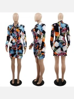 Euro Style Ruched Printed Long Sleeve Shirt Dress -BreezeWear Store P 20220323140620937 393