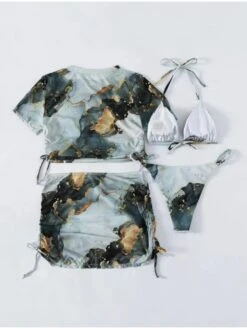 Stylish Marble Pattern Slimming 4 Piece Swimsuit -BreezeWear Store P 20220331163324616 141