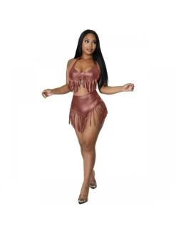 Fashion Sexy Pure Color Halter Tassels 2 Piece Bikini Sets