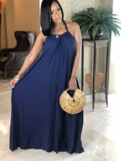 BreezeWear Store 7 Casual Solid Halter Loose Fit Long Sleeveless Maxi Dress