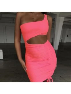 Trendy Pure Color Hollow Out One Shoulder Drawstring Dress