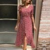 V Neck Floral Short Sleeve Slit Midi Dress