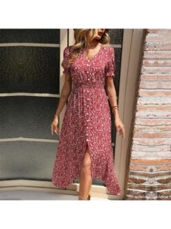 V Neck Floral Short Sleeve Slit Midi Dress
