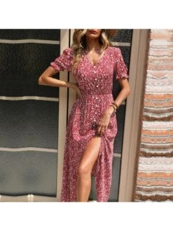 V Neck Floral Short Sleeve Slit Midi Dress -BreezeWear Store P 20220509135040285 427