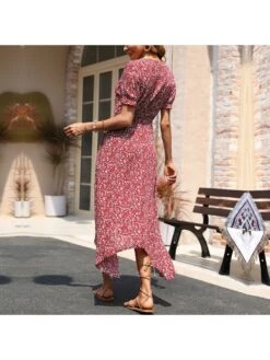 V Neck Floral Short Sleeve Slit Midi Dress -BreezeWear Store P 20220509135042618 680