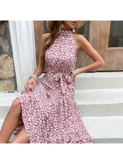 Beach Style Bandage Halter Neck Floral Maxi Dresses