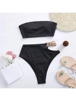 Strapless Metal Chain Patch Hollow Out 2 Piece Bikini Sets