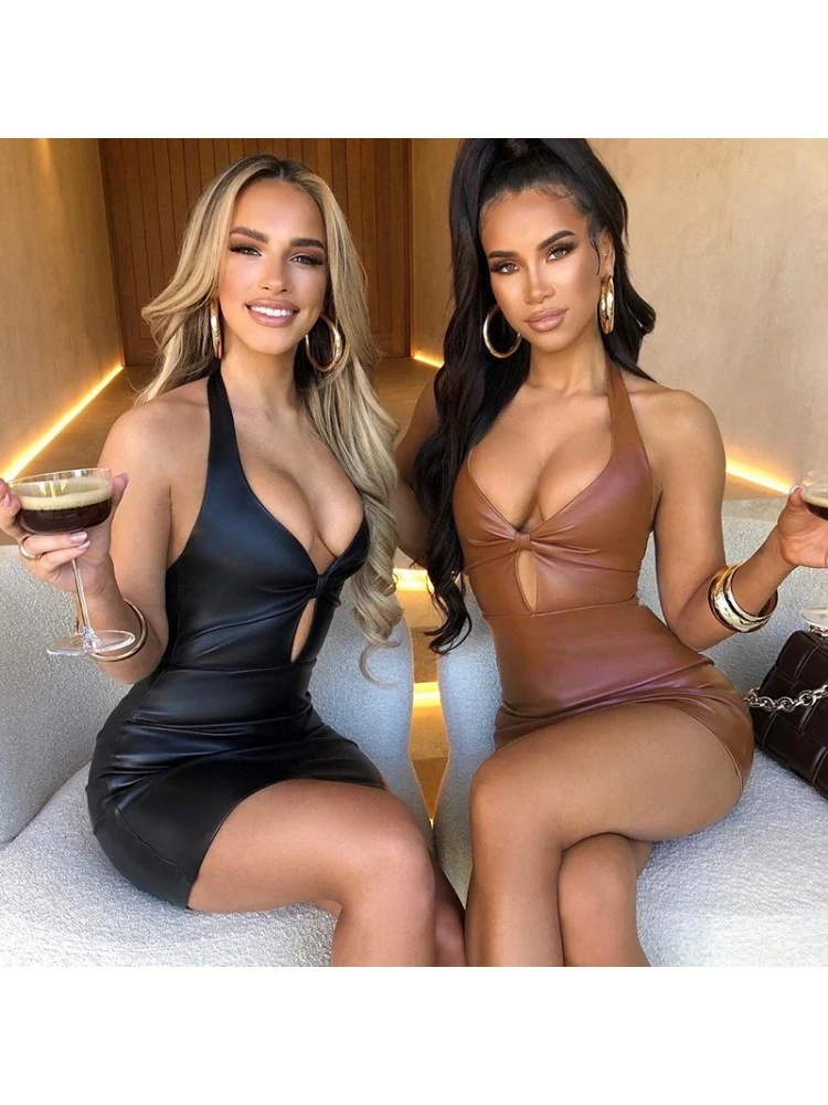 Women Sexy Leather Halter Solid Sleeveless Mini Dresses 3 Women Sexy Leather Halter Solid Sleeveless Mini Dresses