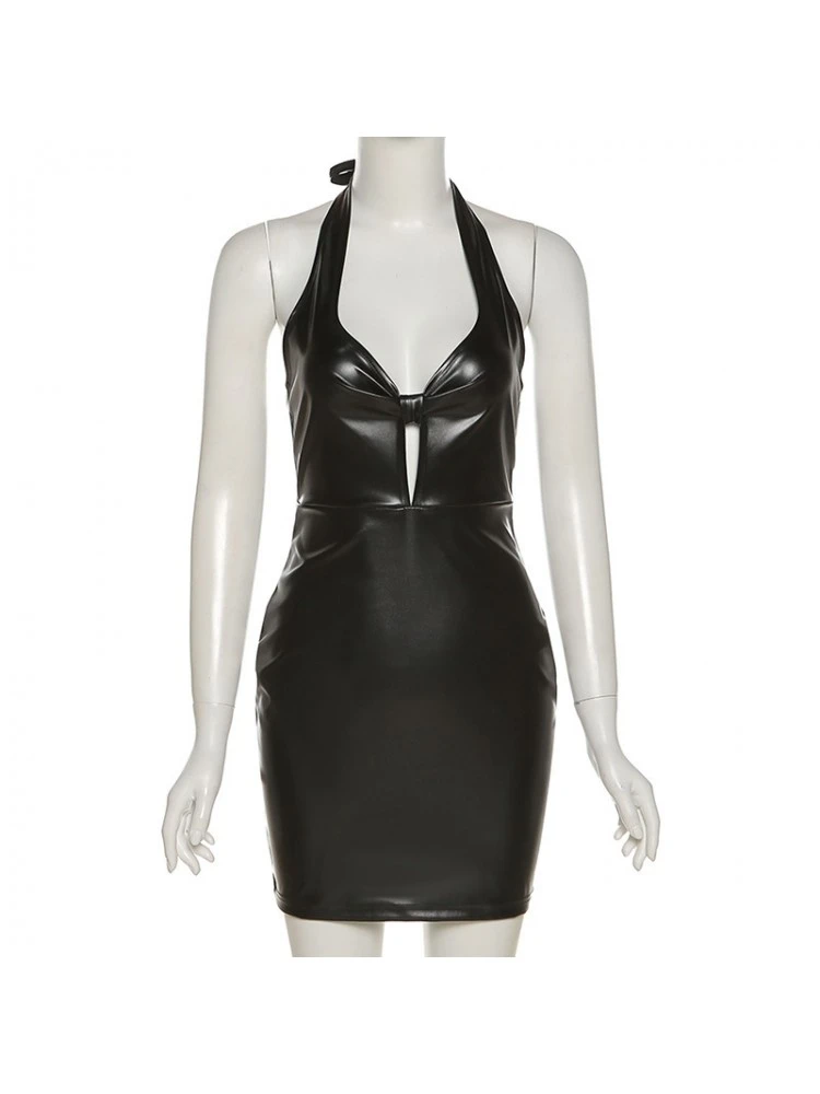 Women Sexy Leather Halter Solid Sleeveless Mini Dresses 5 Women Sexy Leather Halter Solid Sleeveless Mini Dresses - Image 3