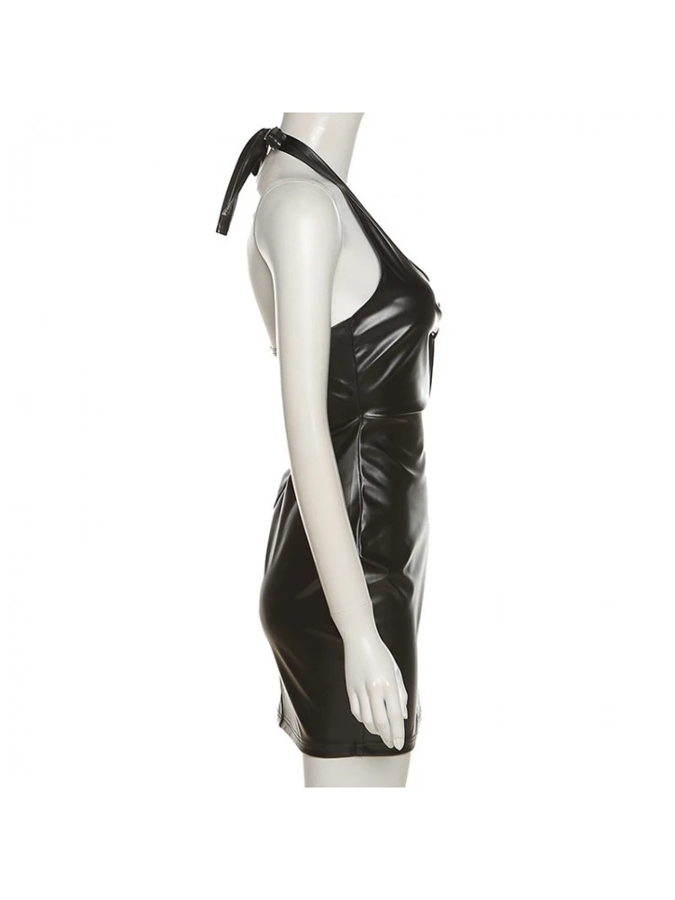 Women Sexy Leather Halter Solid Sleeveless Mini Dresses 6 Women Sexy Leather Halter Solid Sleeveless Mini Dresses - Image 4