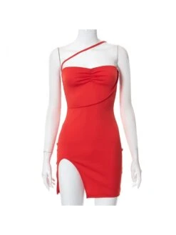 Summer Slant Strap Split Hem Red Sleeveless Dress -BreezeWear Store P 20220518144332594 282