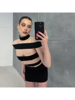 Zipper Up Cut Out Black Designer Bodycon Dress -BreezeWear Store P 20220519205840758 512