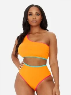 Fashion Off Shoulder Contrast Color One Shoulder Women's Bikini