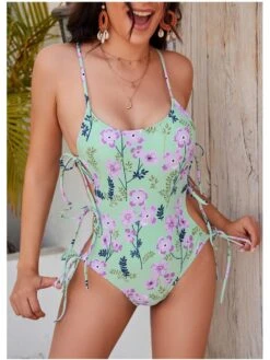 Sexy Low Cut Lace Up Printing One-Piece Swimwear