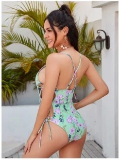 Sexy Low Cut Lace Up Printing One-Piece Swimwear -BreezeWear Store P 20220526175344382 890