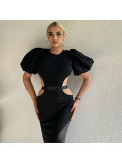 Sexy Pure Color Waist Cut Bubble Sleeve Women's Dress -BreezeWear Store P 20220530144944139 314
