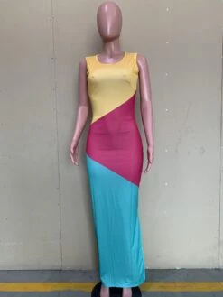 Color Blocking Slit Long Sleeveless Maxi Dress