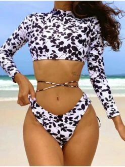 Trendy Printed Backless Long Sleeve Swimwear Sets
