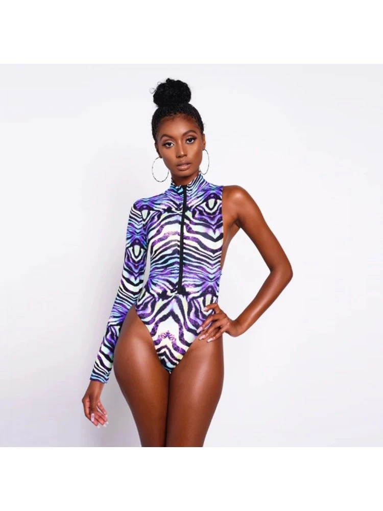 Sexy Printing One Shoulder Zipper Women's One-Piece Swimsuit 4 Sexy Printing One Shoulder Zipper Women's One-Piece Swimsuit - Image 2
