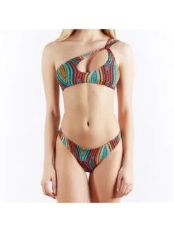 Printing Hollowed Out One Shoulder Bikini Swimsuit Set