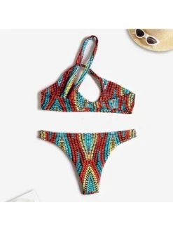 Printing Hollowed Out One Shoulder Bikini Swimsuit Set -BreezeWear Store P 20220622150155239 996