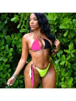 Sexy Contrast Color Halter Lace-Up Bikini Sets