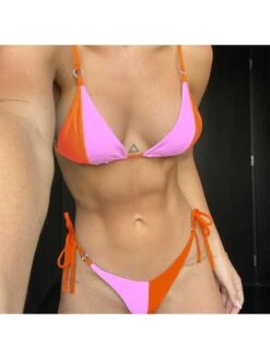 Sexy Halter Backless Contrast Color Bandage Bikini Swimwear