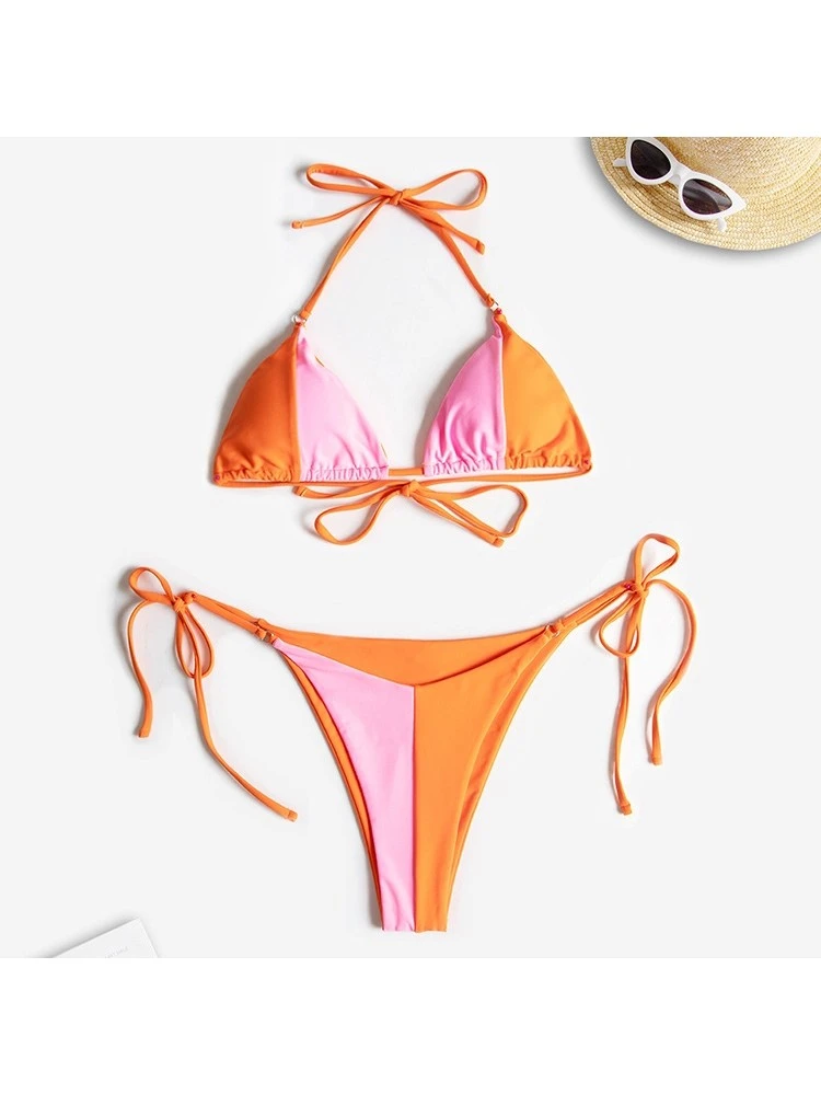 Sexy Halter Backless Contrast Color Bandage Bikini Swimwear 4 Sexy Halter Backless Contrast Color Bandage Bikini Swimwear - Image 2