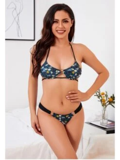 Sexy Beach Printing Cutout Bikini Swimsuit Set