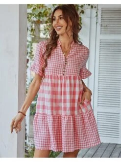 Casual Gingham Short Sleeve Loose Short Dress