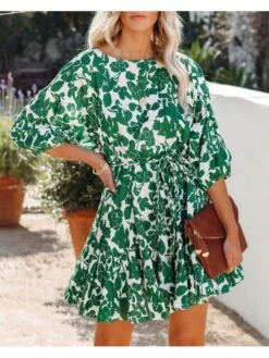 Women's Crew Neck Printed Puff Sleeve Dress