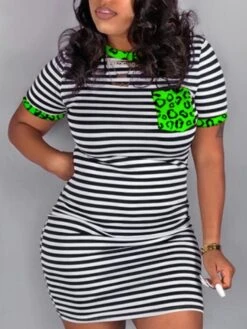 Striped Leopard Print Short Sleeve Dress