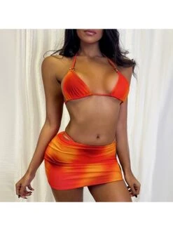 Tie Dye Halter Sexy Women Bikini 3 Piece Sets