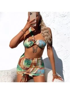 Tie Dye Ruched Skirt 3 Piece Bikini Sets For Women