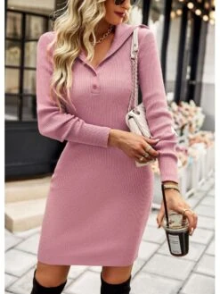 Pure Color V Neck Women's Long Sleeve Dress -BreezeWear Store P 20220720185323920 386