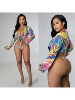 Summer Sexy Printing Strappy Bikini Women's Three-Piece Set